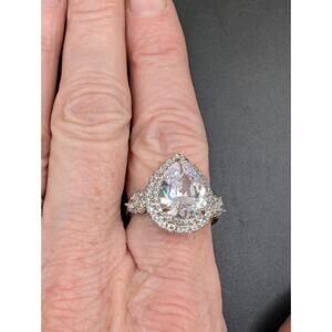 Silver Plated Large Halo Pear Shape Engagement Ring Size 9.25